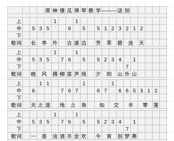 原神送别歌曲琴谱一览